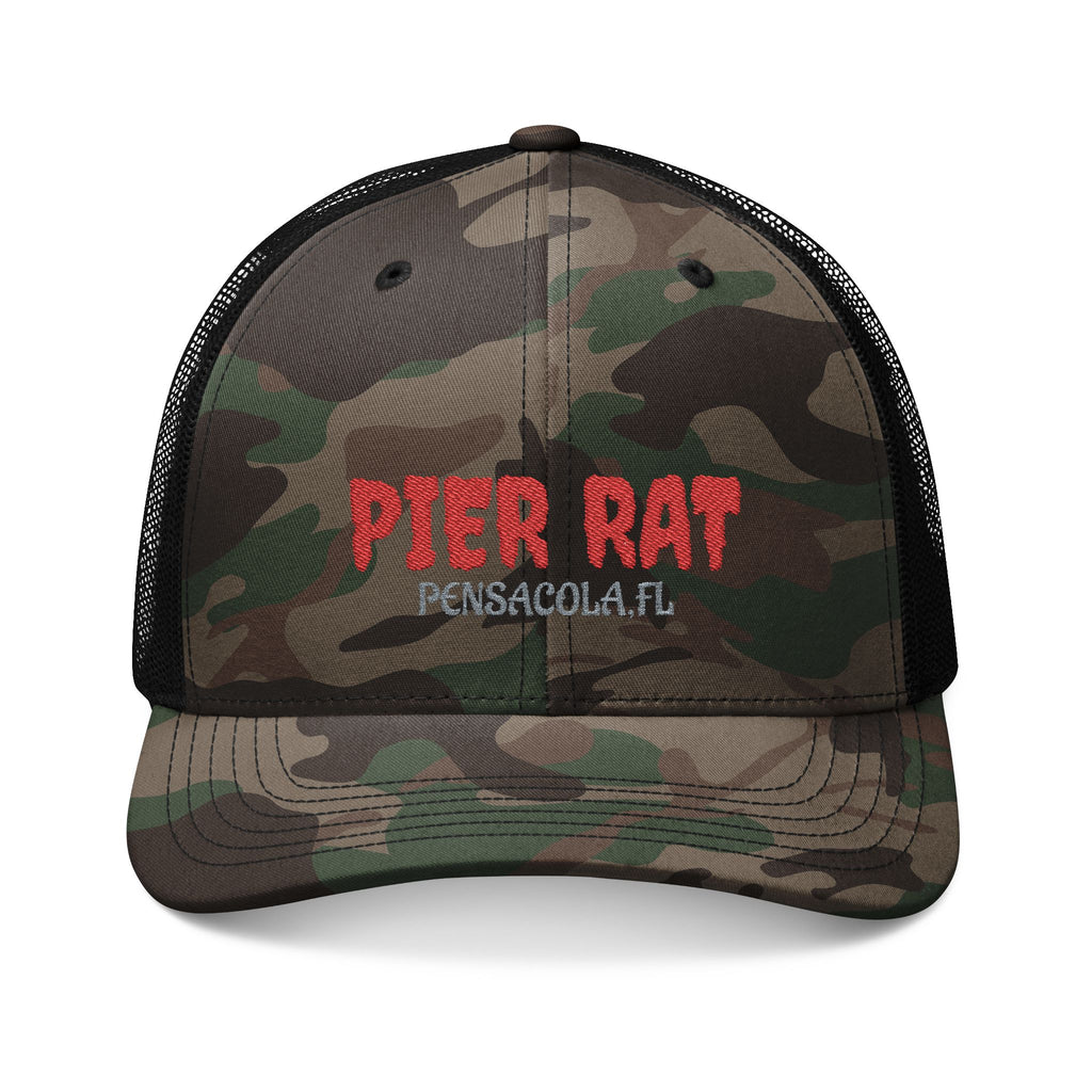 Camouflage Trucker Hat — Embroidered “Pier Rat Pensacola, FL” Cap