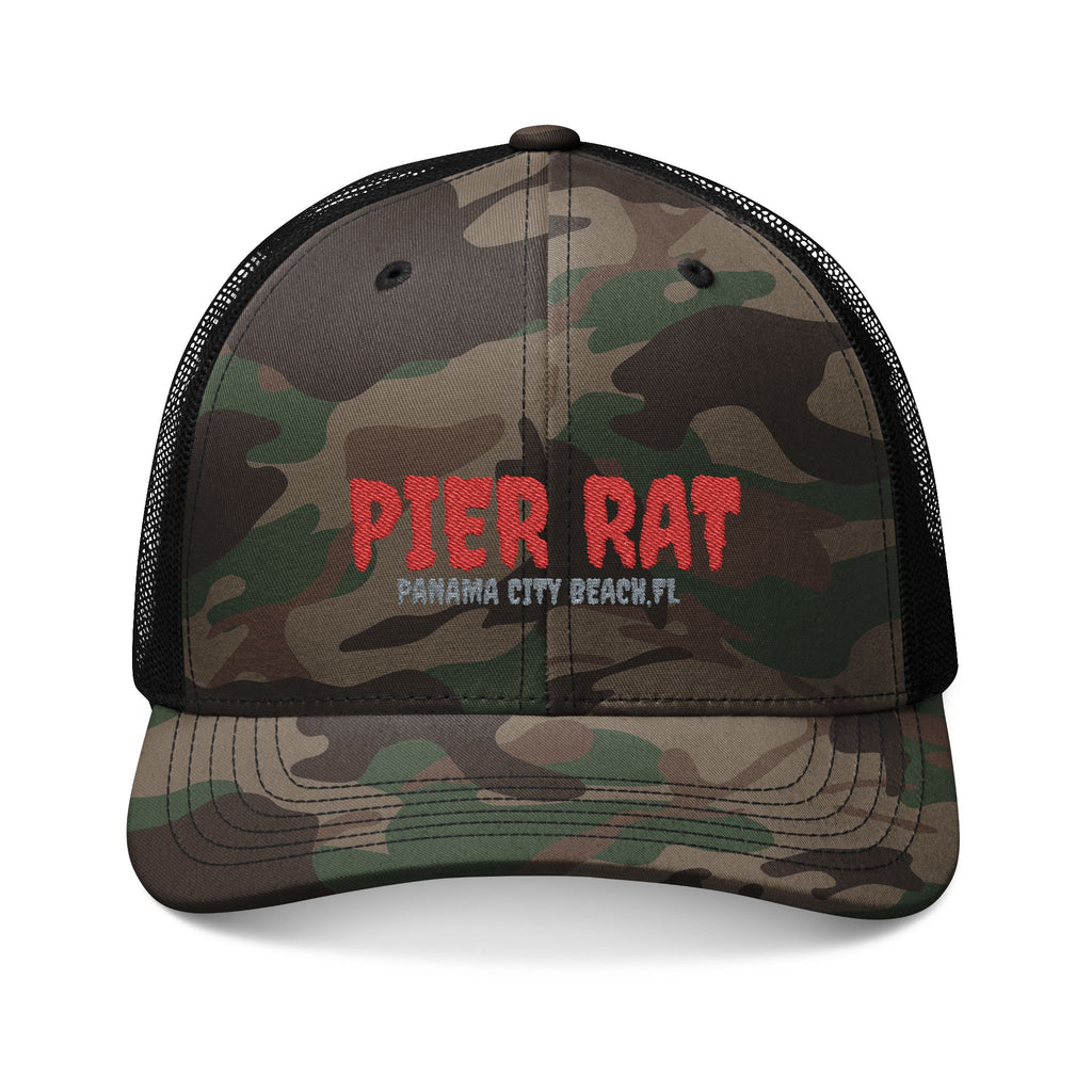 Camouflage Trucker Hat — Embroidered “PIER RAT” Fishing Cap