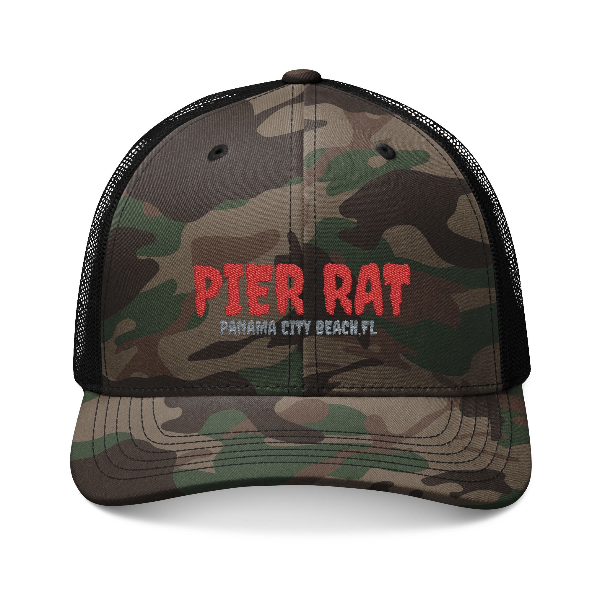 Camouflage Trucker Hat — Embroidered “PIER RAT” Fishing Cap