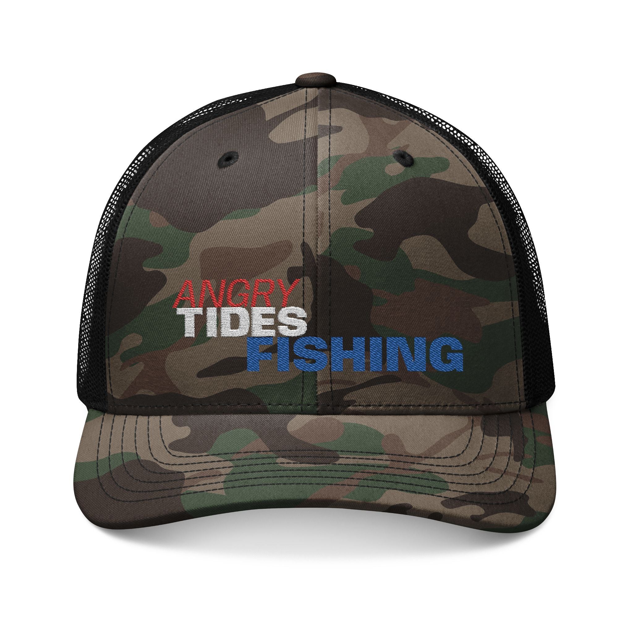 Angry Tides Fishing Camo Trucker Hat — Embroidered Mesh Cap for Anglers